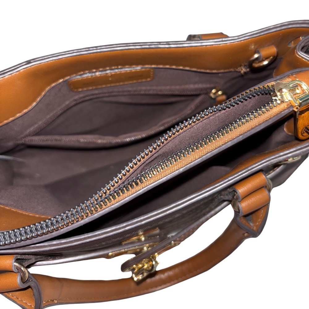 Adrienne Vittadini Chocolate Brown & Cognac Stripe Satchel w/ Gold Lock Detail - Picture 5 of 9